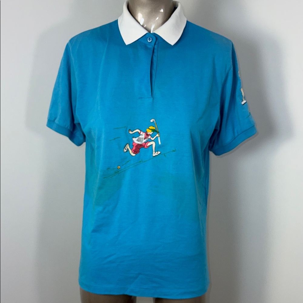 Golf Embroidered Blue Polo Shirt with White Collar